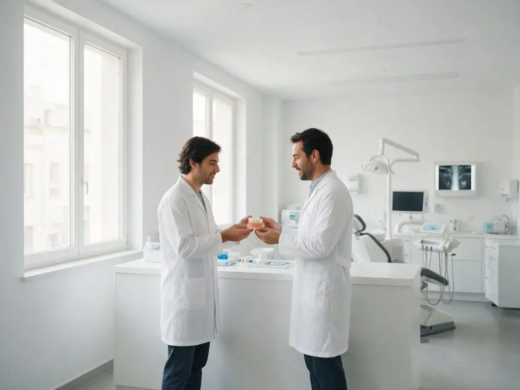 Protésico e médico dentista a analisar uma prótese