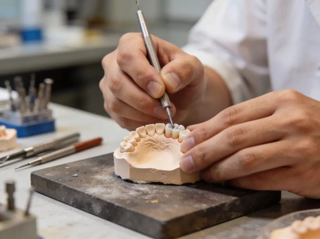 Protésica a trabalhar uma prótese dentária no laboratório